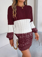 Load image into Gallery viewer, Cable-Knit Round Neck Color Block Sweater Dress
