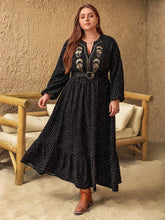 Load image into Gallery viewer, Plus Size Embroidered Polka Dot Notched Long Sleeve Dress
