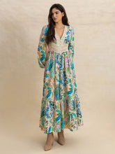 Load image into Gallery viewer, Slit Printed V-Neck Long Sleeve Midi Dress
