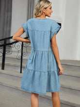 Load image into Gallery viewer, Tiered Round Neck Short Sleeve Denim Dress
