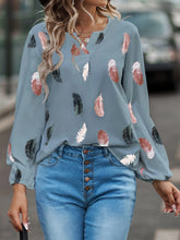 Load image into Gallery viewer, Feather Print Notched Balloon Sleeve Top
