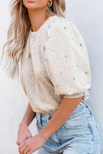 Load image into Gallery viewer, Rhinestone Pearl Detail Round Neck Puff Sleeve Top
