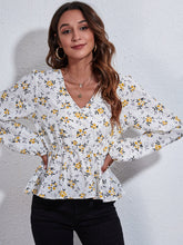 Load image into Gallery viewer, Ruched Printed V-Neck Long Sleeve Blouse
