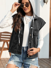 Load image into Gallery viewer, Drawstring Button Up Sleeveless Denim Jacket
