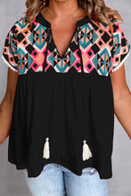 Load image into Gallery viewer, Embroidered Geometric Tie Neck Short Sleeve Blouse
