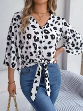 Load image into Gallery viewer, Tied Button Up Leopard V-Neck Blouse
