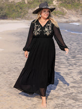 Load image into Gallery viewer, Plus Size Embroidered Tie Neck Long Sleeve Dress
