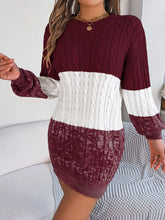 Load image into Gallery viewer, Cable-Knit Round Neck Color Block Sweater Dress
