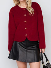 Load image into Gallery viewer, Bow Button Down Round Neck Long Sleeve Cardigan
