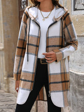 Load image into Gallery viewer, Drawstring Plaid Zip Up Long Sleeve Hooded Outerwear
