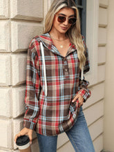 Load image into Gallery viewer, Drawstring Plaid Hooded Long Sleeve Top
