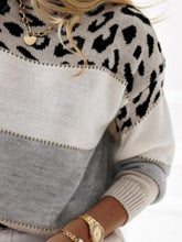 Load image into Gallery viewer, Leopard Color Block Round Neck Long Sleeve Sweater

