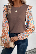 Load image into Gallery viewer, Ruffled Printed Round Neck Long Sleeve Top
