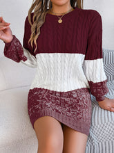 Load image into Gallery viewer, Cable-Knit Round Neck Color Block Sweater Dress
