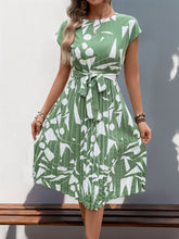 Load image into Gallery viewer, Tied Pleated Printed Cap Sleeve Dress
