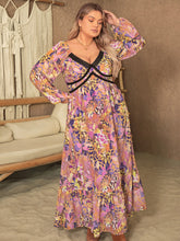 Load image into Gallery viewer, Plus Size Lace Detail Printed V-Neck Long Sleeve Midi Dress
