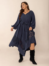 Load image into Gallery viewer, Plus Size Lace Detail Tie Neck Long Sleeve Midi Dress
