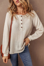 Load image into Gallery viewer, Waffle-Knit Half Button Round Neck Long Sleeve Top
