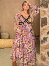 Load image into Gallery viewer, Plus Size Lace Detail Printed V-Neck Long Sleeve Midi Dress
