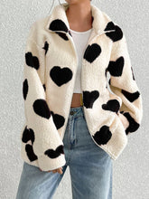 Load image into Gallery viewer, Heart Zip Up Drop Shoulder Furry Jacket
