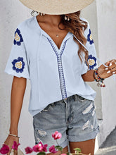 Load image into Gallery viewer, Embroidered Tie Neck Puff Sleeve Blouse
