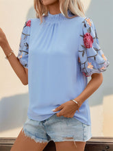 Load image into Gallery viewer, Embroidered Mock Neck Puff Sleeve Blouse
