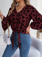 Load image into Gallery viewer, Tied Button Up Leopard V-Neck Blouse
