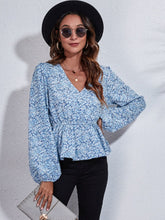 Load image into Gallery viewer, Ruched Printed V-Neck Long Sleeve Blouse
