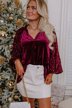 Load image into Gallery viewer, Sequin Notched Long Sleeve Blouse
