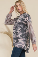 Load image into Gallery viewer, Celeste Full Size Camo Print High-Low T-Shirt with Stripe Sleeves
