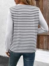 Load image into Gallery viewer, Decorative Button Striped Round Neck Long Sleeve T-Shirt
