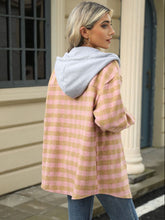 Load image into Gallery viewer, Drawstring Plaid Long Sleeve Hooded Jacket
