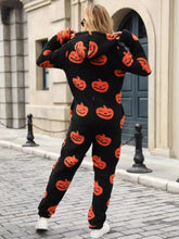 Load image into Gallery viewer, Fuzzy Pumpkin Half Zip Hooded Jumpsuit
