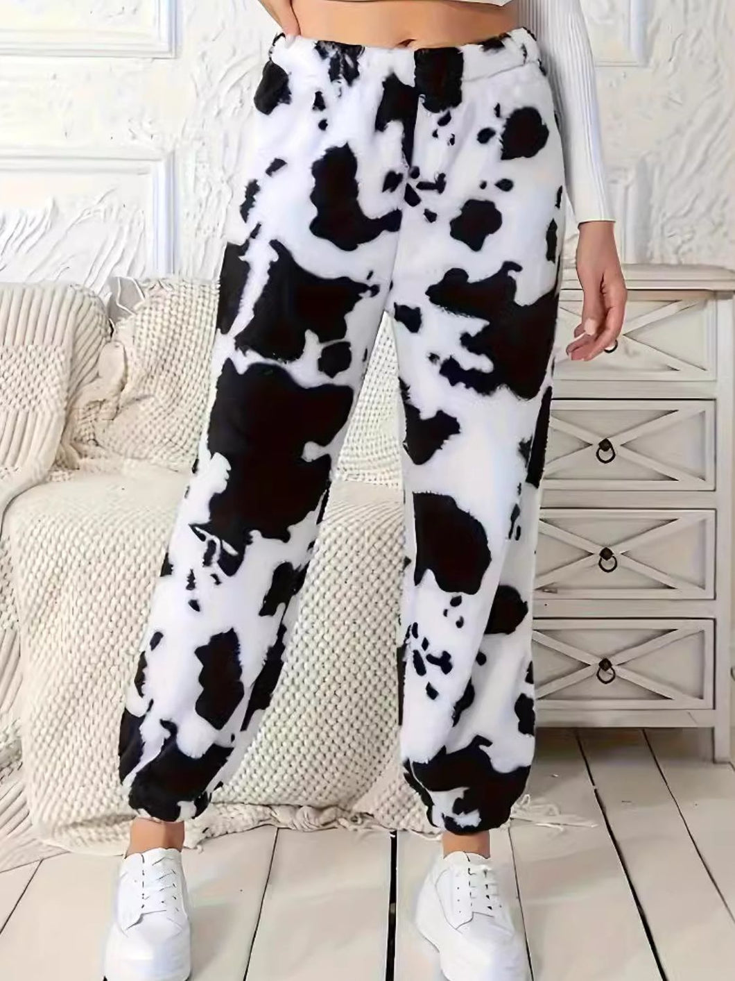 Fuzzy Cow Print Elastic Waist Pants