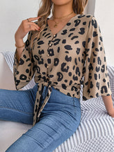 Load image into Gallery viewer, Tied Button Up Leopard V-Neck Blouse
