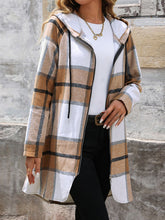 Load image into Gallery viewer, Drawstring Plaid Zip Up Long Sleeve Hooded Outerwear
