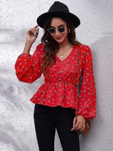 Load image into Gallery viewer, Ruched Printed V-Neck Long Sleeve Blouse
