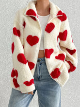 Load image into Gallery viewer, Heart Zip Up Drop Shoulder Furry Jacket
