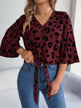 Load image into Gallery viewer, Tied Button Up Leopard V-Neck Blouse
