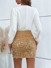 Load image into Gallery viewer, Sequin Contrast Surplice Long Sleeve Dress
