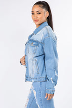 Load image into Gallery viewer, American Bazi Graphic Distressed Long Sleeve Denim Jacket
