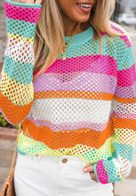 Load image into Gallery viewer, Openwork Contrast Striped Round Neck Knit Top
