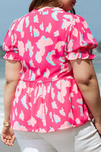 Load image into Gallery viewer, Plus Size Ruffled Printed Notched Short Sleeve Blouse
