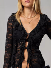 Load image into Gallery viewer, Tied V-Neck Long Sleeve Lace Shirt
