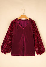 Load image into Gallery viewer, Sequin Notched Long Sleeve Blouse
