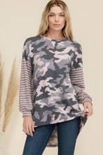 Load image into Gallery viewer, Celeste Full Size Camo Print High-Low T-Shirt with Stripe Sleeves
