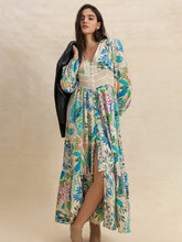 Load image into Gallery viewer, Slit Printed V-Neck Long Sleeve Midi Dress

