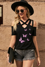 Load image into Gallery viewer, Butterfly Graphic Strappy Cold-Shoulder Top
