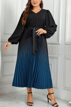 Load image into Gallery viewer, Plus Size V-Neck Long Sleeve Pleated Tie Waist Midi Dress
