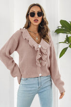 Load image into Gallery viewer, Ruffle Trim Button-Down Dropped Shoulder Sweater
